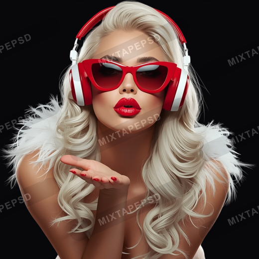 Sexy Holiday DJ Model With Red Headphones And Sunglasses