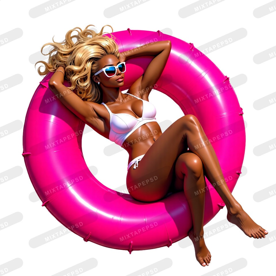 Hispanic Woman Relaxing On Pink Donut Pool Tube PNG 4 with transparent background for Photoshop, Canva, Illustrator, Affinity Photo, album covers, flyers and commercial graphic design.