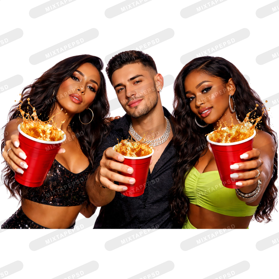 3-party-models-male-female-red-solo-cup-splash-nightlife-cutout with transparent background for Photoshop, Canva, Illustrator, Affinity Photo, album covers, flyers and commercial graphic design.