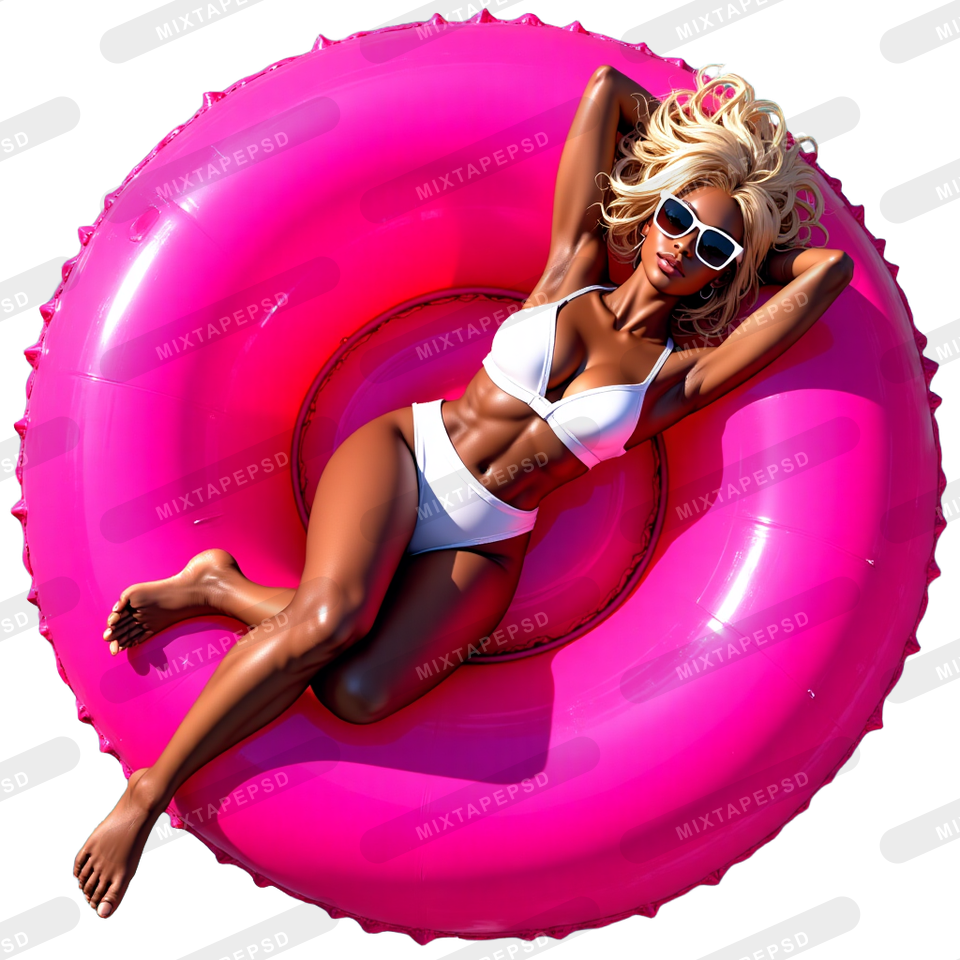 Hispanic Woman Relaxing On Pink Donut Pool Tube PNG 3 with transparent background for Photoshop, Canva, Illustrator, Affinity Photo, album covers, flyers and commercial graphic design.