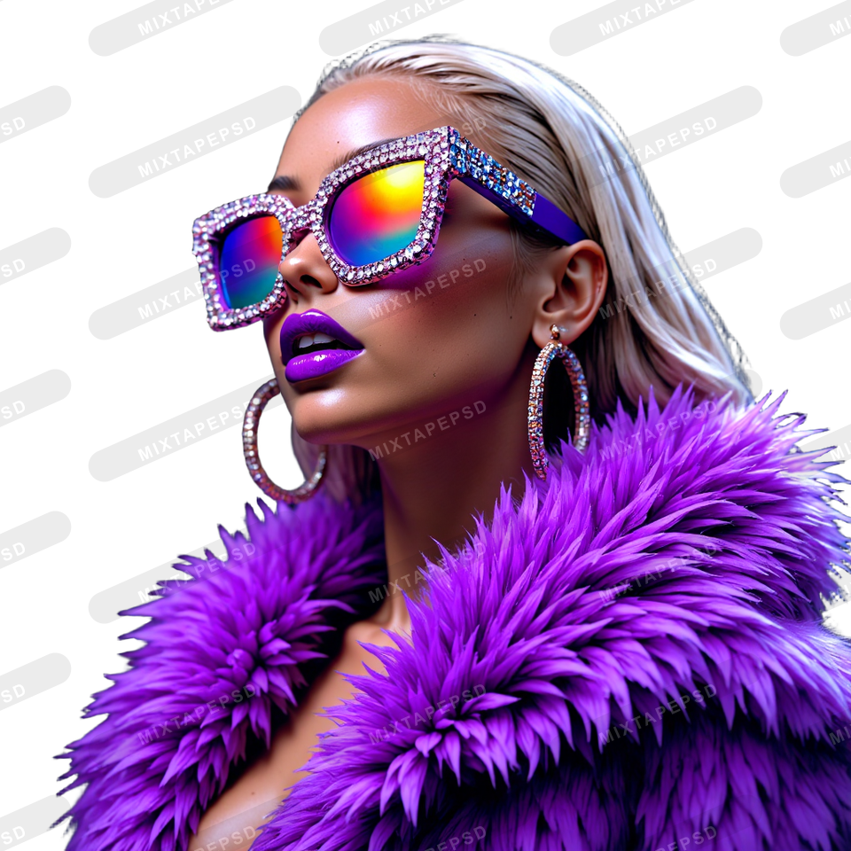 Purple Glam Club Model PNG with transparent background for Photoshop, Canva, Illustrator, Affinity Photo, album covers, flyers and commercial graphic design.