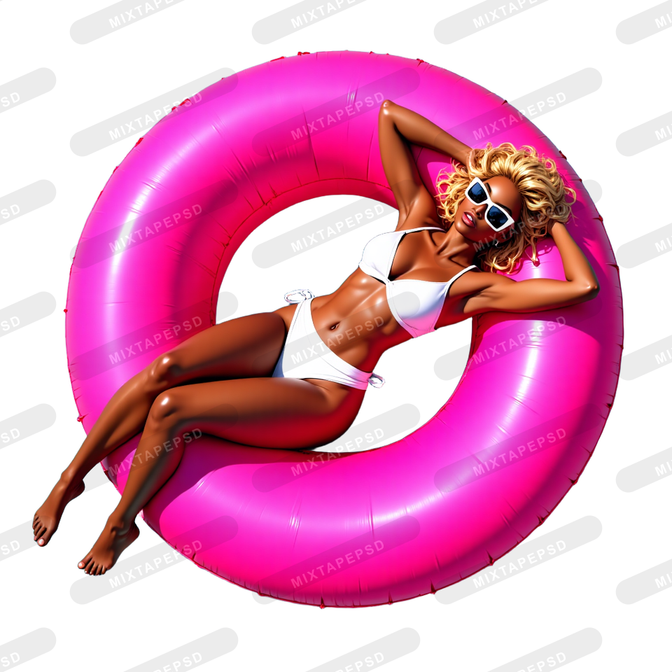 Hispanic Woman Relaxing On Pink Donut Pool Tube PNG 5 with transparent background for Photoshop, Canva, Illustrator, Affinity Photo, album covers, flyers and commercial graphic design.