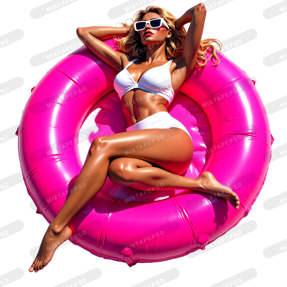 Hispanic Woman Relaxing On Pink Donut Pool Tube PNG with transparent background for Photoshop, Canva, Illustrator, Affinity Photo, album covers, flyers and commercial graphic design.