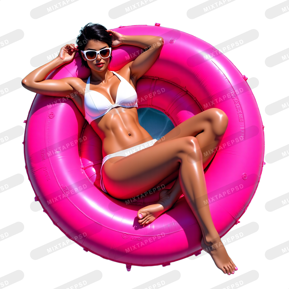Hispanic Woman Relaxing On Pink Donut Pool Tube PNG 2 with transparent background for Photoshop, Canva, Illustrator, Affinity Photo, album covers, flyers and commercial graphic design.
