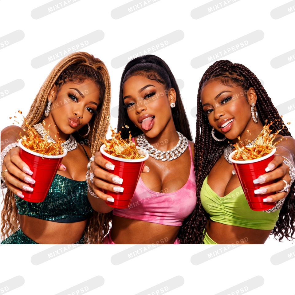 3-sexy-black-party-girls-red-solo-cup-splash-nightlife-models-cutout-2 with transparent background for Photoshop, Canva, Illustrator, Affinity Photo, album covers, flyers and commercial graphic design.
