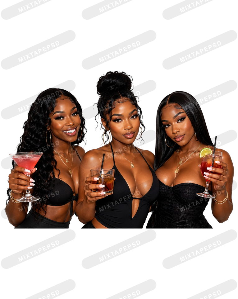 3 Black Models With Drinks with transparent background for Photoshop, Canva, Illustrator, Affinity Photo, album covers, flyers and commercial graphic design.