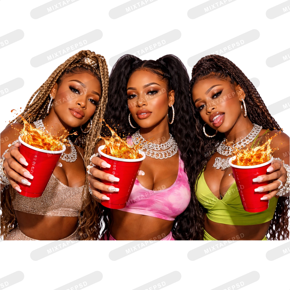3-sexy-black-party-girls-red-solo-cup-splash-nightlife-models-cutout with transparent background for Photoshop, Canva, Illustrator, Affinity Photo, album covers, flyers and commercial graphic design.