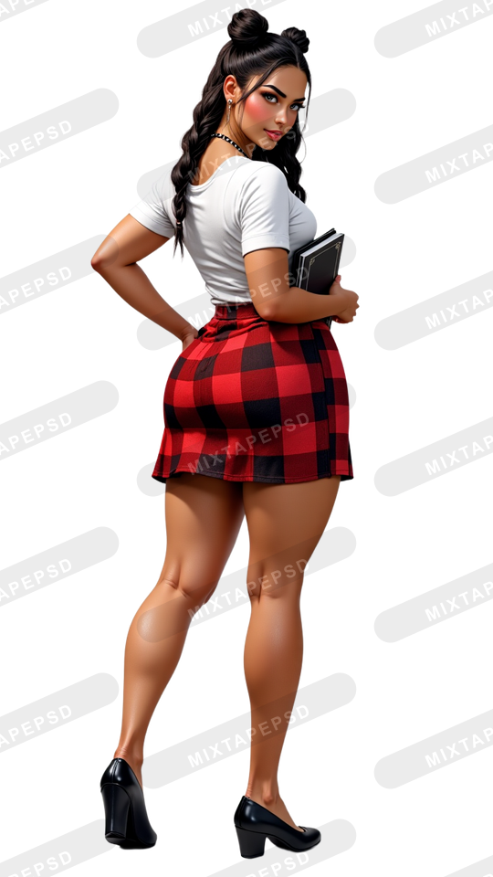 Sexy School Girl PNG In Plaid Skirt 22 with transparent background for Photoshop, Canva, Illustrator, Affinity Photo, album covers, flyers and commercial graphic design.