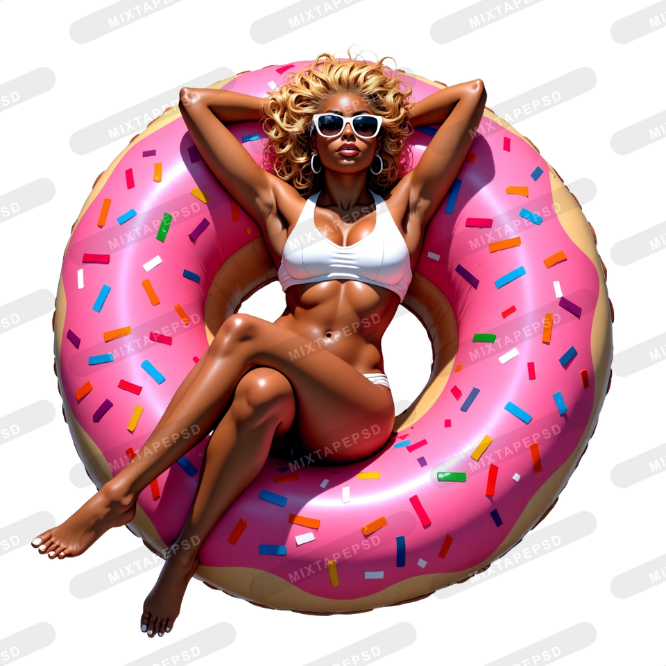 Hispanic Woman Relaxing On Pink Donut Pool Tube PNG 6 with transparent background for Photoshop, Canva, Illustrator, Affinity Photo, album covers, flyers and commercial graphic design.