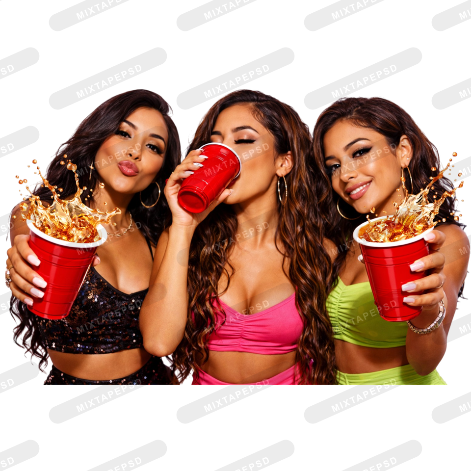 3-hispanic-party-girls-red-solo-cup-splash-latina-models-nightlife-cutout with transparent background for Photoshop, Canva, Illustrator, Affinity Photo, album covers, flyers and commercial graphic design.