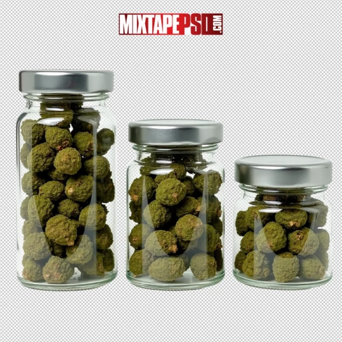 3 Transparent jars of premium marijuana buds, Three transparent jars filled with marijuana buds, showcasing high-quality cannabis flower.