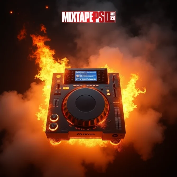 Burning CDJ Turntable Flames DJ Gear, Burning Pioneer CDJ turntable surrounded by flames and smoke on a black background, Photo-realistic image of a DJ turntable on fire with intense orange flames and swirling white smoke, Flaming DJ equipment with dramatic lighting, perfect for mixtape or club flyer design