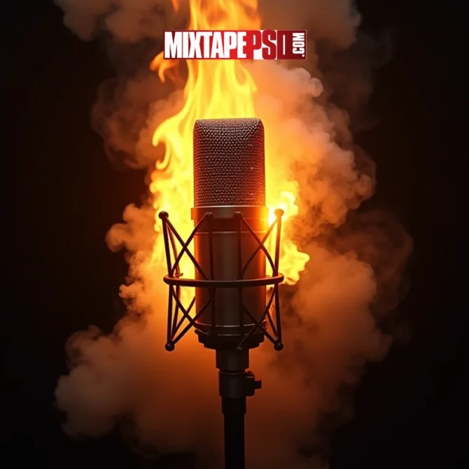 Burning Microphone in Flames 2, Burning microphone surrounded by flames and smoke on a black background, Photo-realistic image of a flaming studio microphone held by a hand with smoke rising, Mic on fire symbolizing powerful vocals and intense performance energy