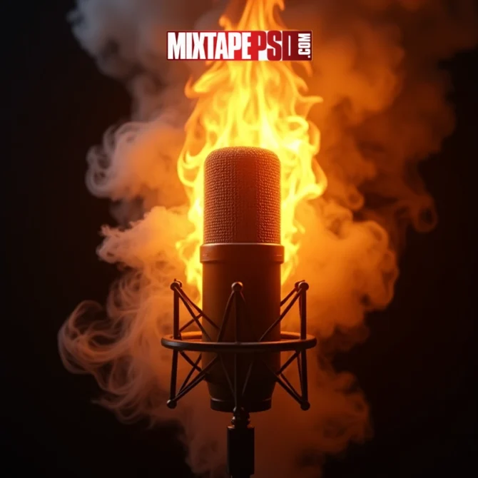 Burning Microphone in Flames, Burning microphone surrounded by flames and smoke on a black background, Photo-realistic image of a flaming studio microphone held by a hand with smoke rising, Mic on fire symbolizing powerful vocals and intense performance energy