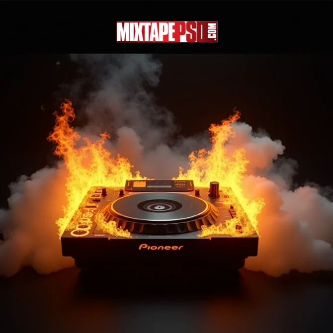 Burning Pioneer CDJ Turntable 2, Burning Pioneer CDJ turntable surrounded by flames and smoke on a black background, Photo-realistic image of a DJ turntable on fire with intense orange flames and swirling white smoke, Flaming DJ equipment with dramatic lighting, perfect for mixtape or club flyer design