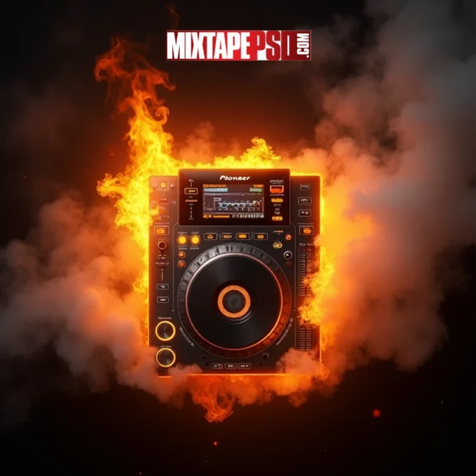 Burning Pioneer CDJ Turntable, Burning Pioneer CDJ turntable surrounded by flames and smoke on a black background, Photo-realistic image of a DJ turntable on fire with intense orange flames and swirling white smoke, Flaming DJ equipment with dramatic lighting, perfect for mixtape or club flyer design