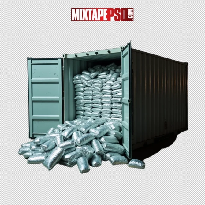 Container tipped over with multiple packages spilling out – product display mockup.