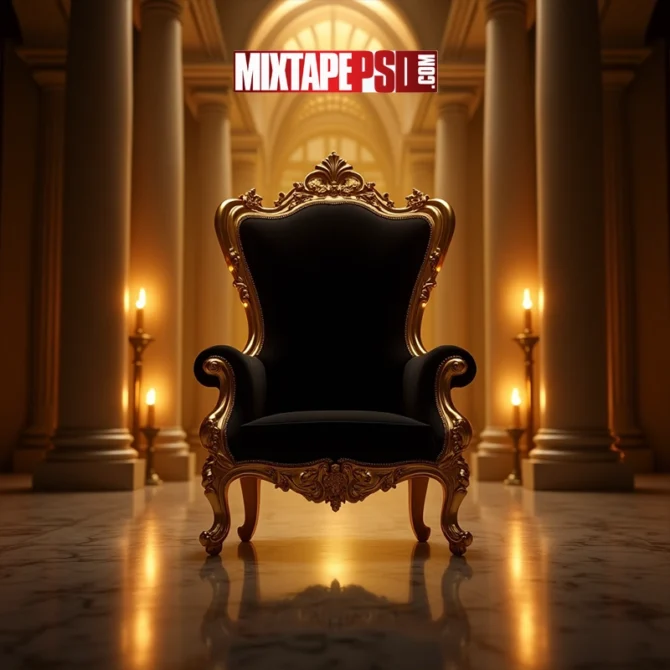 Golden throne in a grand hall Background, Golden throne in luxurious grand hall background with ornate details, Regal golden throne in palace interior for fantasy or royal-themed designs, Elegant gold throne centered in majestic hall with marble and pillars