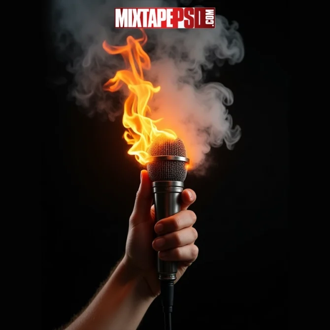 Hand Holding a Burning Microphone, Realistic hand gripping a flaming microphone with smoke and fire on black background, Hand holding a burning studio microphone with intense flames and smoke rising, Mic on fire in a hand, symbolizing powerful rap vocals and high energy performance