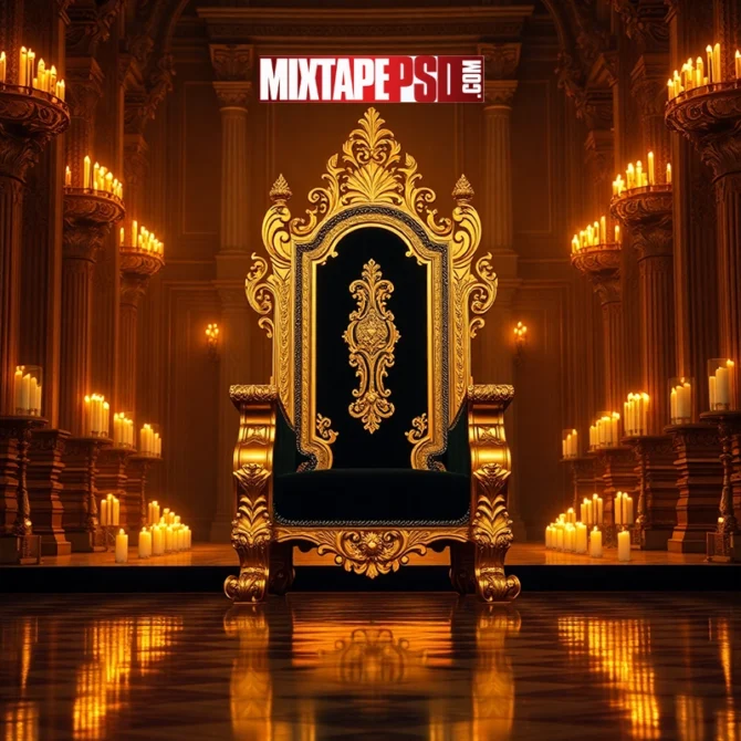 Kings Golden throne in a grand hall, Golden king’s throne in a majestic grand hall with royal decor, Luxurious gold throne with intricate carvings inside palace hall, Royal golden chair placed in an opulent hall for kings and royalty
