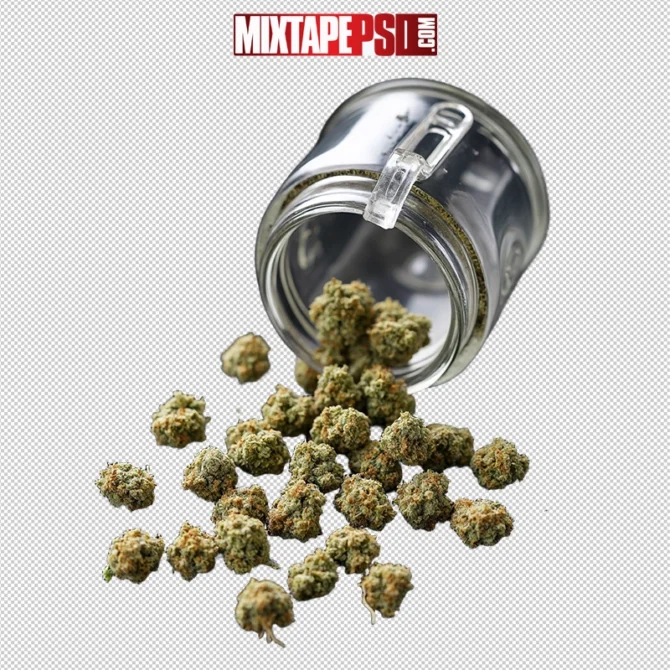 Marijuana Buds Spilling from Jar 2 – Cannabis Display Image, Marijuana buds spilling out of a transparent glass jar – cannabis product photography.