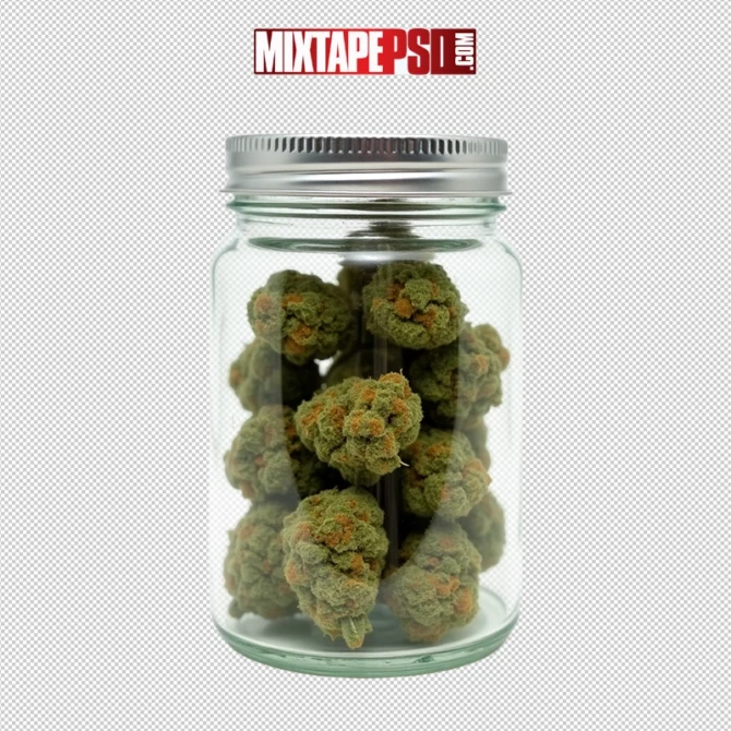 Marijuana Buds in a Jar 3 – Transparent Background Cannabis Display, Isolated jar filled with marijuana buds on a transparent background – cannabis product mockup.