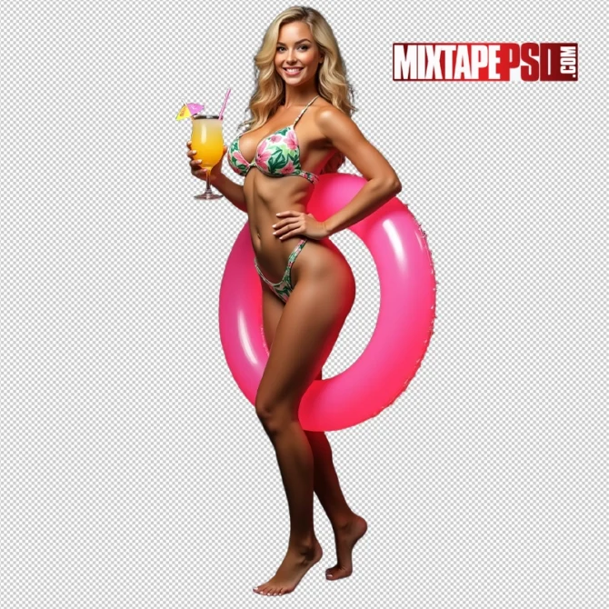 Bikini model holding a margarita and pool tube, perfect for summer-themed designs
