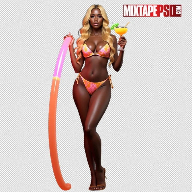 Black Bikini model holding a margarita and pool tube, perfect for summer-themed designs