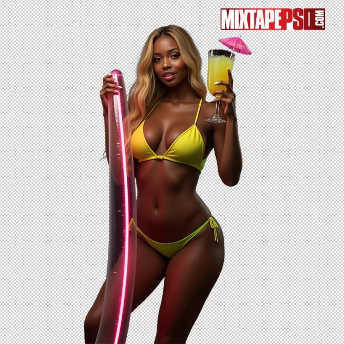 Black Bikini model holding a margarita and pool tube, perfect for summer-themed designs