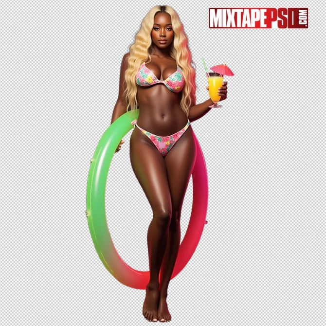 Black Bikini model holding a margarita and pool tube, perfect for summer-themed designs