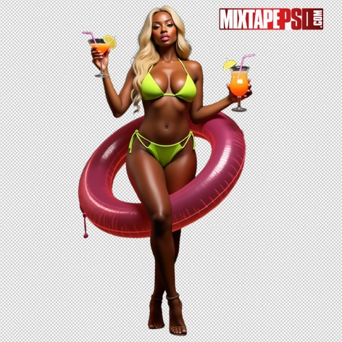 Black Bikini model holding a margarita and pool tube, perfect for summer-themed designs