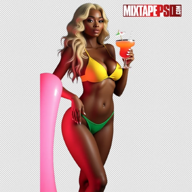 Black Bikini model holding a margarita and pool tube, perfect for summer-themed designs