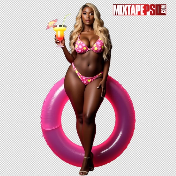 Black Bikini model holding a margarita and pool tube, perfect for summer-themed designs