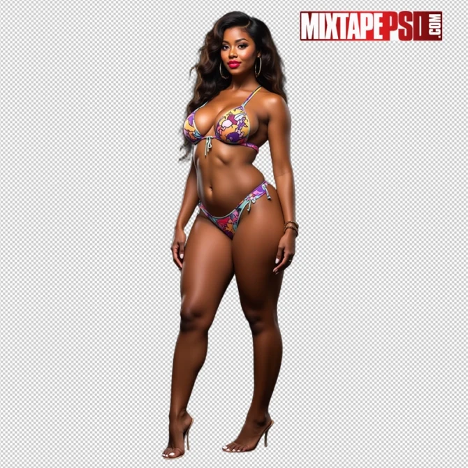 Realistic full-body image of a sexy Black woman in a vibrant bikini standing confidently from head to toe, black bikini model, full body model photo, sexy Black woman, bikini fashion image, realistic female model, curvy Black model, artistic model photo, fashion stock image, black woman bikini, full body pose, editorial model image, glamorous model photo, model in heels, high-res model pic, sensual woman image