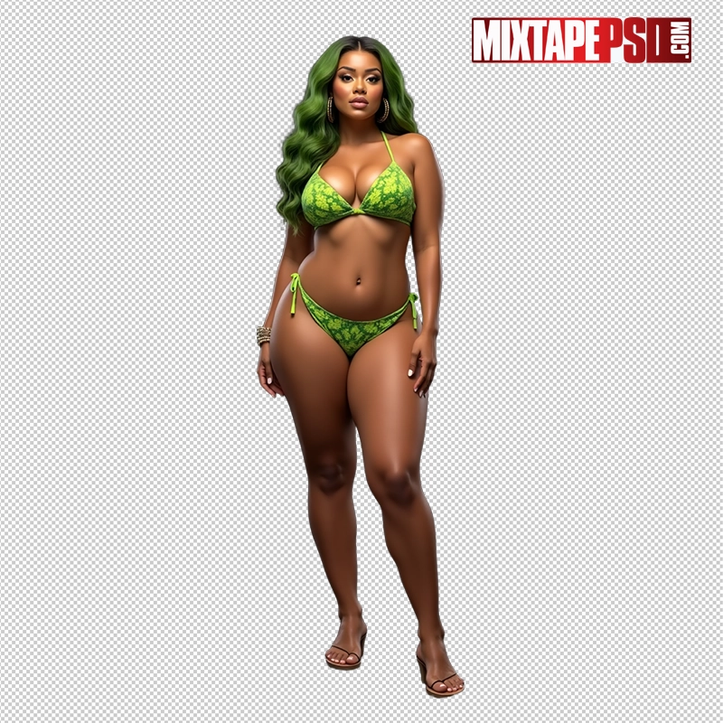 Black Bikini Model with Green Hair PNG 2