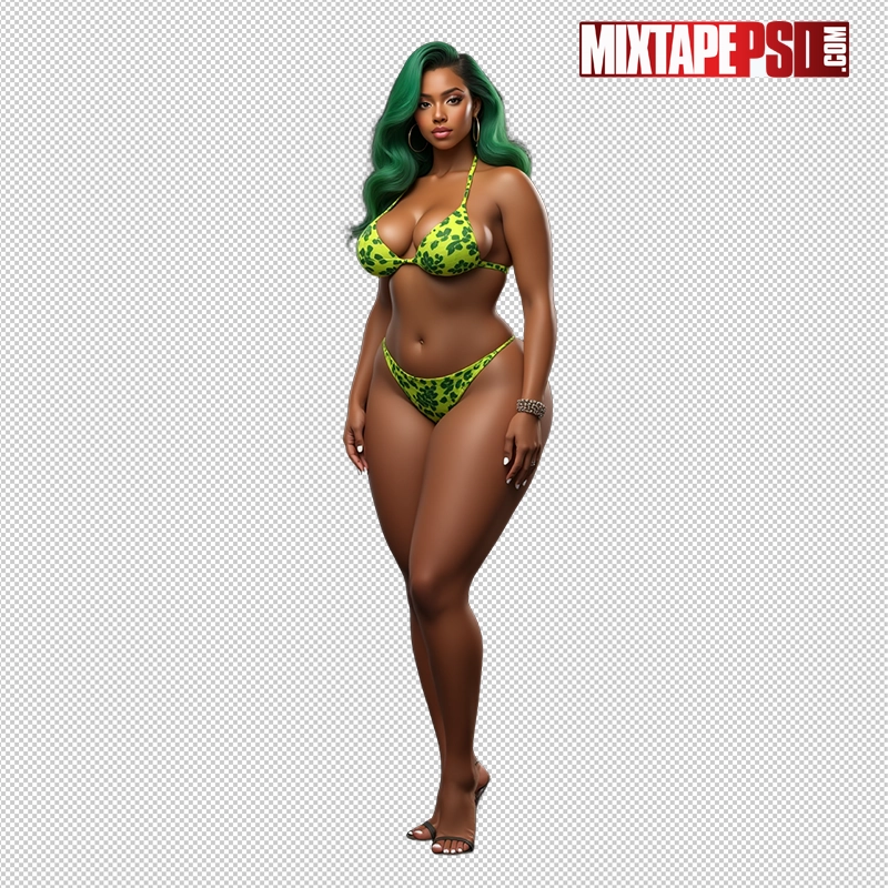 Black Bikini Model with Green Hair PNG 4