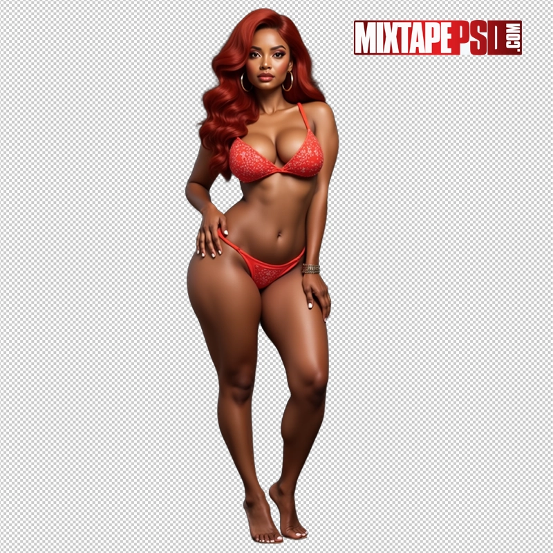 Black Bikini Model with Red Hair PNG 2