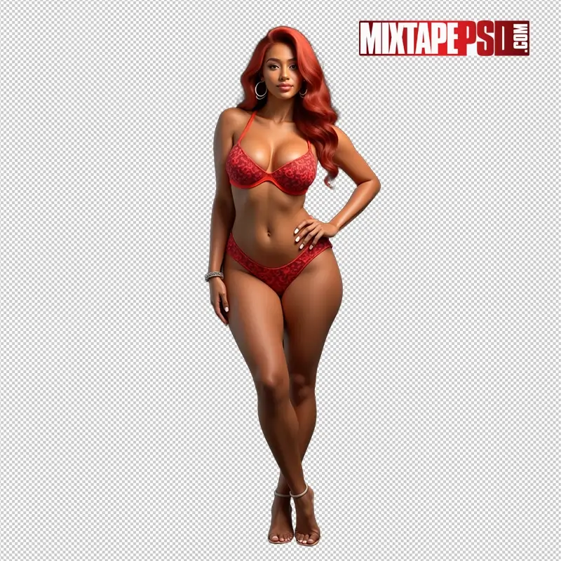 Black Bikini Model with Red Hair PNG 18