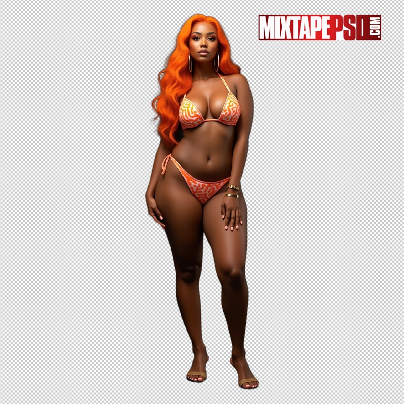 Black Bikini Model with Red Hair PNG 7