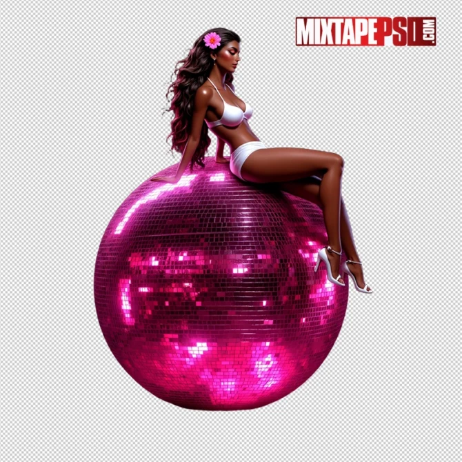 Club flyer model sitting on large shiny disco ball in glamorous pose, club flyer, disco ball, model sitting, nightlife design, party flyer asset, DJ flyer PNG, high-resolution flyer image, club graphics, event promotion, transparent PNG, model on disco ball, dance party design, flyer template asset, glamorous flyer design, design for nightlife