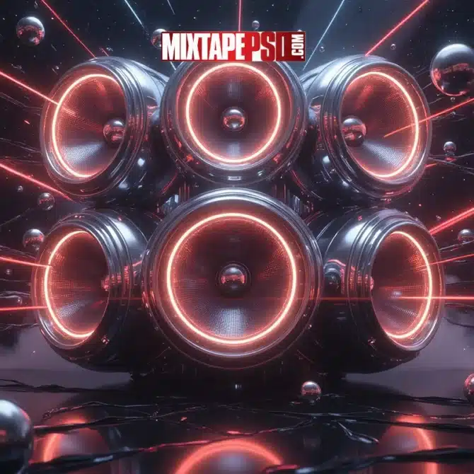 3D Futuristic Speaker Wall with Glowing LED Lights and Abstract Effects