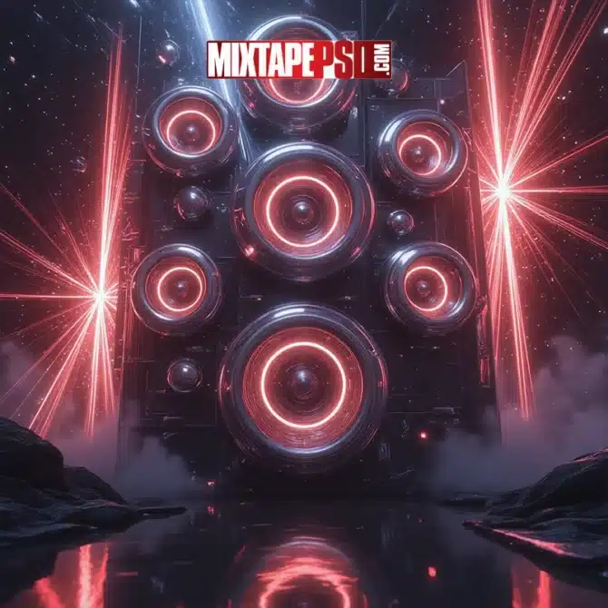 3D Futuristic Speaker Wall with Glowing LED Lights and Abstract Effects