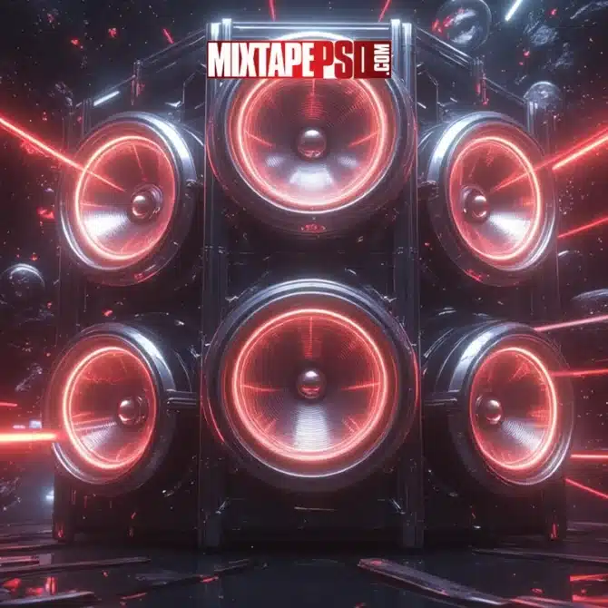 3D Futuristic Speaker Wall with Glowing LED Lights and Abstract Effects