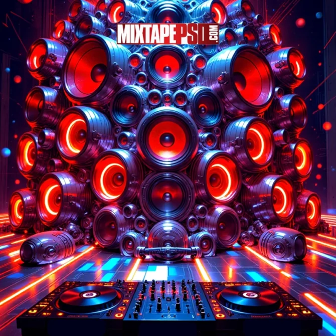 Futuristic DJ Turntables with 3D Speakers and Glowing Abstract Light Effects, dj turntable background, futuristic speaker wall, edm flyer background, cosmic dj scene, glowing abstract shapes, party flyer backdrop, high energy background, digital music art, 3d speakers design, dj booth background, club flyer template, electronic music design, turntable art, vibrant party graphics, glowing led speakers, soundwave design, music event flyer, techno party background, neon lights art, abstract club backdrop, mixtape cover design, stage background visual, digital sound effects, edm stage setup, colorful dj booth, virtual dj art, laser light background, dance event visual, animated music backdrop, flyer background image