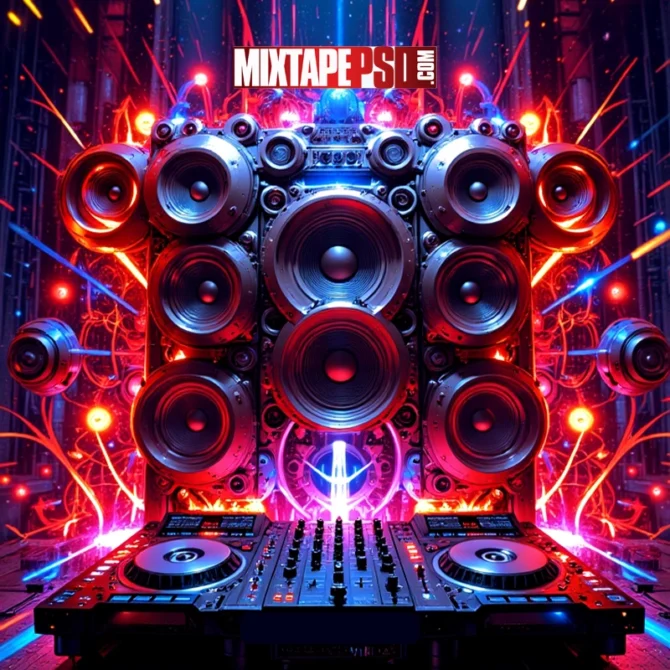 Futuristic DJ Turntables with 3D Speakers and Glowing Abstract Light Effects, dj turntable background, futuristic speaker wall, edm flyer background, cosmic dj scene, glowing abstract shapes, party flyer backdrop, high energy background, digital music art, 3d speakers design, dj booth background, club flyer template, electronic music design, turntable art, vibrant party graphics, glowing led speakers, soundwave design, music event flyer, techno party background, neon lights art, abstract club backdrop, mixtape cover design, stage background visual, digital sound effects, edm stage setup, colorful dj booth, virtual dj art, laser light background, dance event visual, animated music backdrop, flyer background image