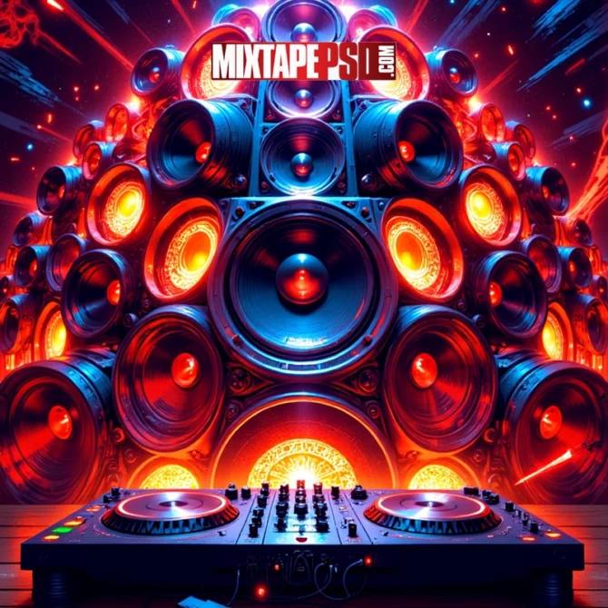 Futuristic DJ Turntables with 3D Speakers and Glowing Abstract Light Effects, dj turntable background, futuristic speaker wall, edm flyer background, cosmic dj scene, glowing abstract shapes, party flyer backdrop, high energy background, digital music art, 3d speakers design, dj booth background, club flyer template, electronic music design, turntable art, vibrant party graphics, glowing led speakers, soundwave design, music event flyer, techno party background, neon lights art, abstract club backdrop, mixtape cover design, stage background visual, digital sound effects, edm stage setup, colorful dj booth, virtual dj art, laser light background, dance event visual, animated music backdrop, flyer background image