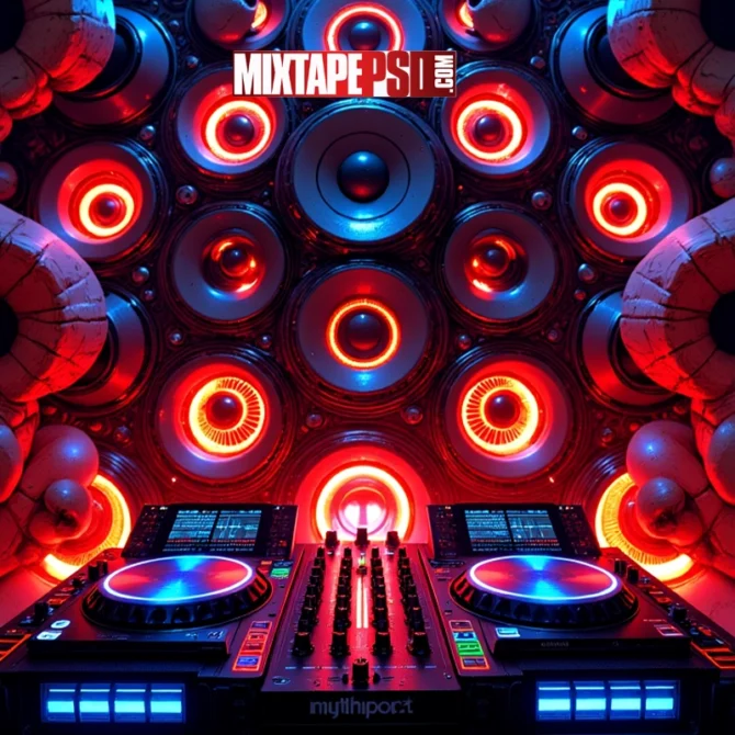 Futuristic DJ Turntables with 3D Speakers and Glowing Abstract Light Effects, dj turntable background, futuristic speaker wall, edm flyer background, cosmic dj scene, glowing abstract shapes, party flyer backdrop, high energy background, digital music art, 3d speakers design, dj booth background, club flyer template, electronic music design, turntable art, vibrant party graphics, glowing led speakers, soundwave design, music event flyer, techno party background, neon lights art, abstract club backdrop, mixtape cover design, stage background visual, digital sound effects, edm stage setup, colorful dj booth, virtual dj art, laser light background, dance event visual, animated music backdrop, flyer background image