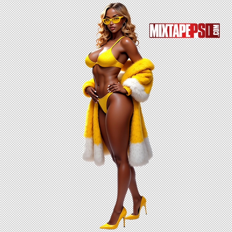 Glamorous Blonde Model in Yellow Bikini and Mink Coat PNG 3
