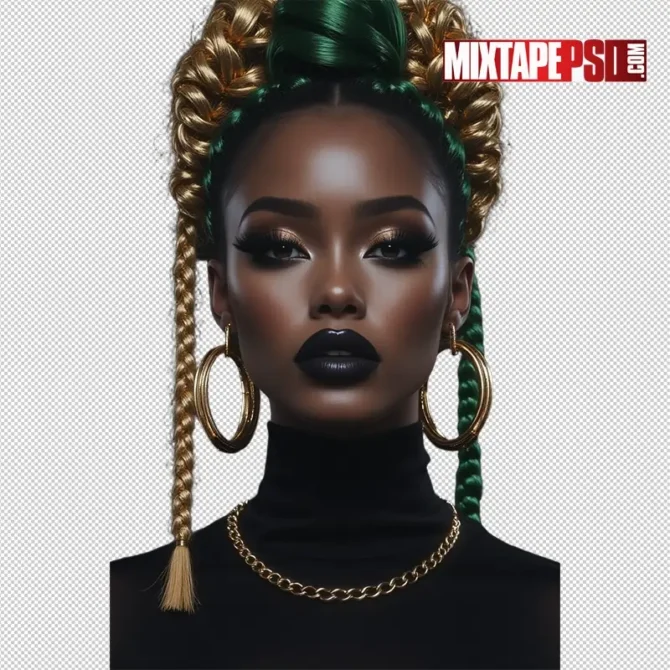 Club Flyer Model with Gold & Green Braided Hair PNG 2 - Shoulders Up