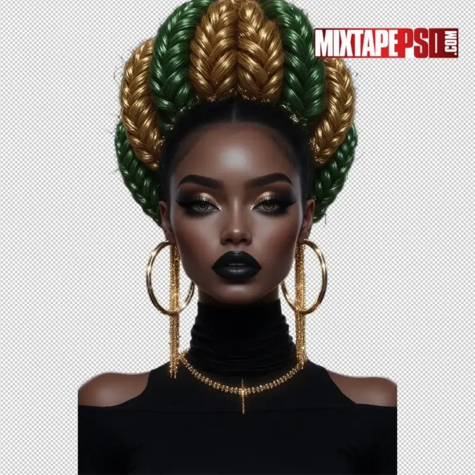 Club Flyer Model with Gold & Green Braided Hair PNG 3